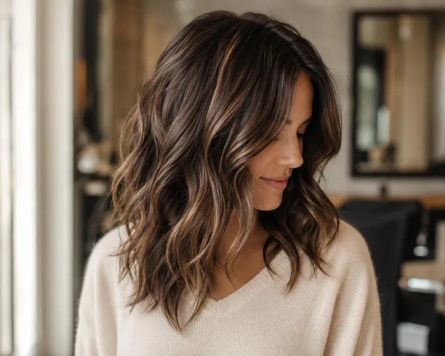 Dimensional highlights on medium-length brunette